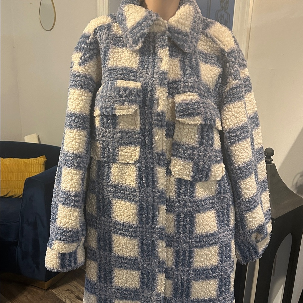 Plaid Teddy Jacket - Blue and Cream